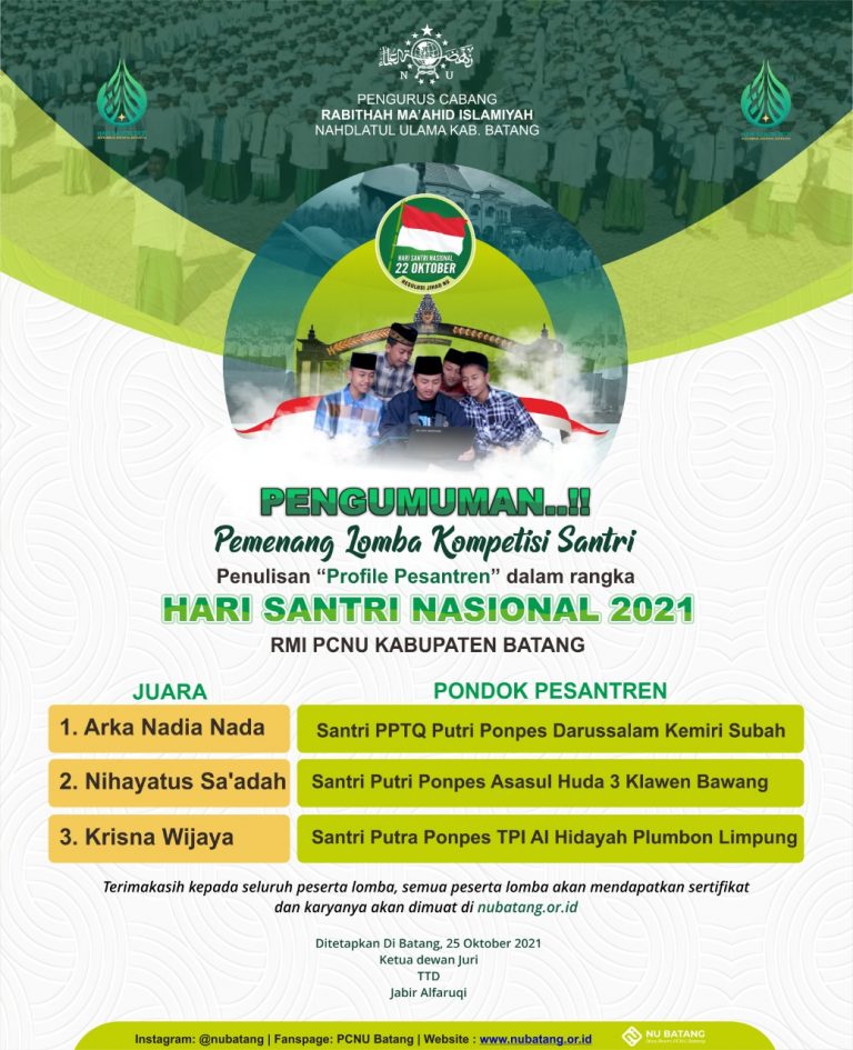 Pemenang Lomba Penulisan Profil Pesantren Dalam Rangka Hari Santri Nasional RMI PCNU Batang Tahun 2021 M/1443 H